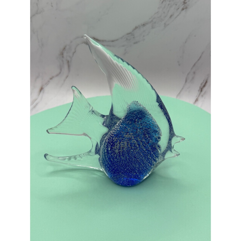 Murano Topical Fish Art Glass 5.5" Hand Blown Sculpture Sommerso Blue Fish‎